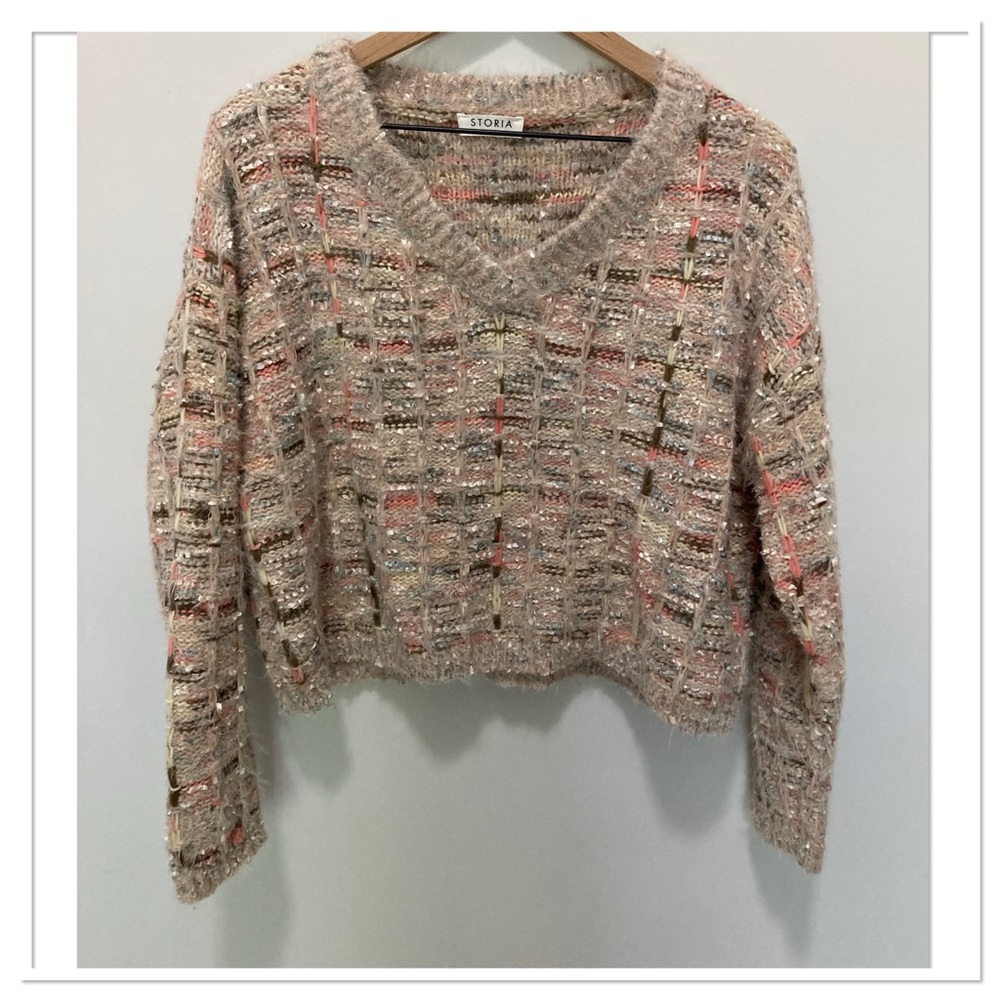 Anthropologie Storia Knitted V Neck Sweater Long Sleeve Tan Multicolour Size M